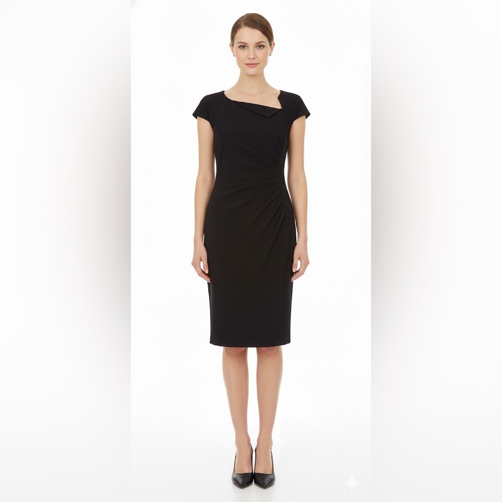 LK Bennett Black Cap Sleeve Classic Midi Sheath Dress LBD Size 8 Old Money